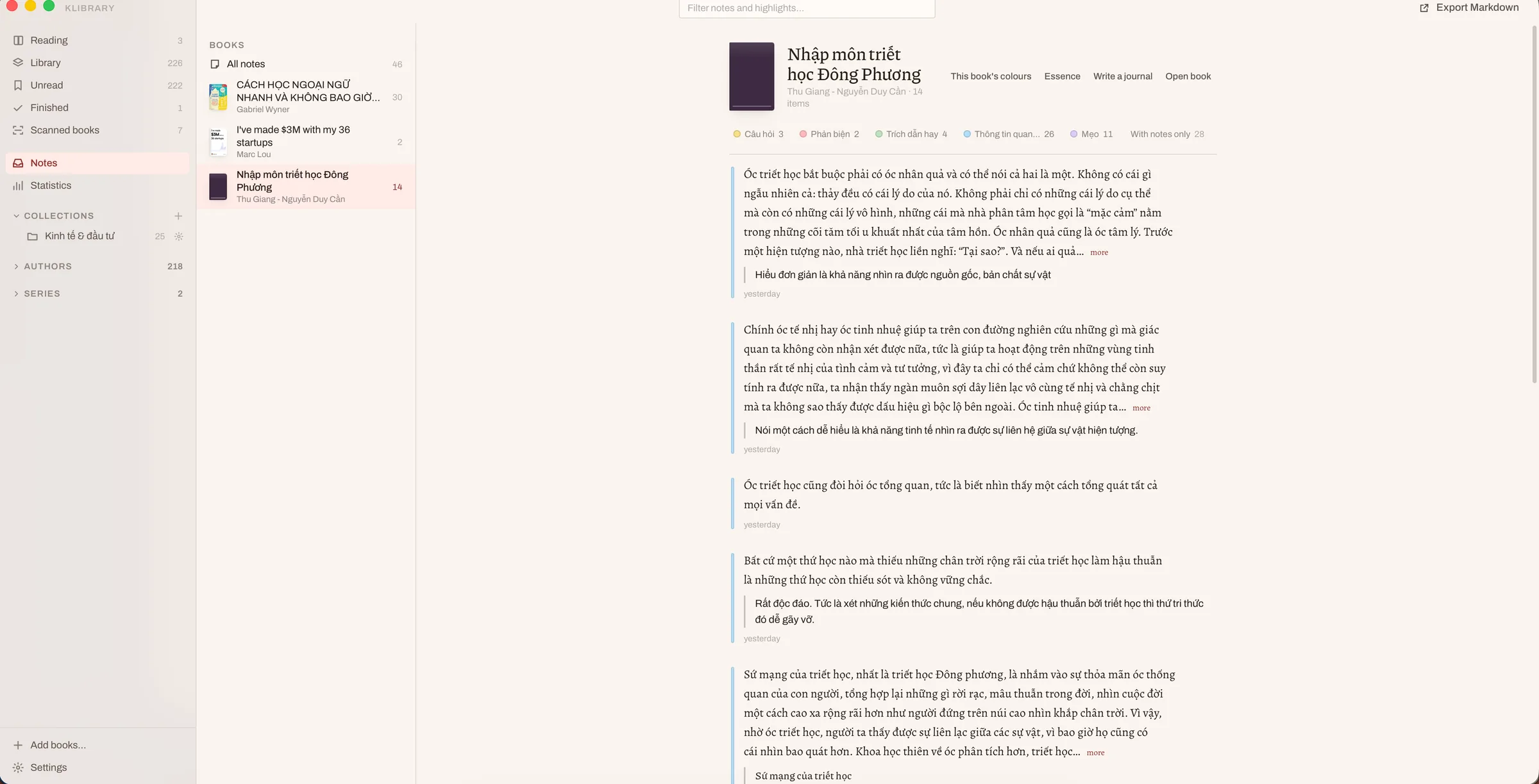 The klibrary notes view showing every highlight and note from one book in a single column, filtered by colour.
