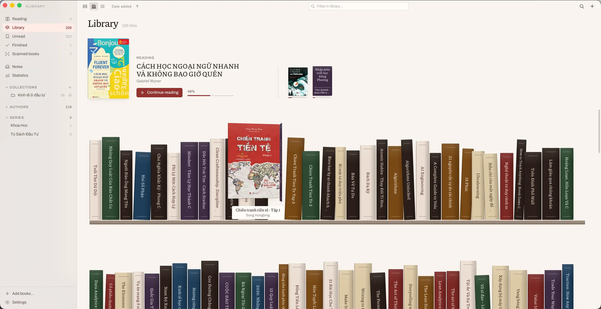 The klibrary library shown as a shelf of book spines.