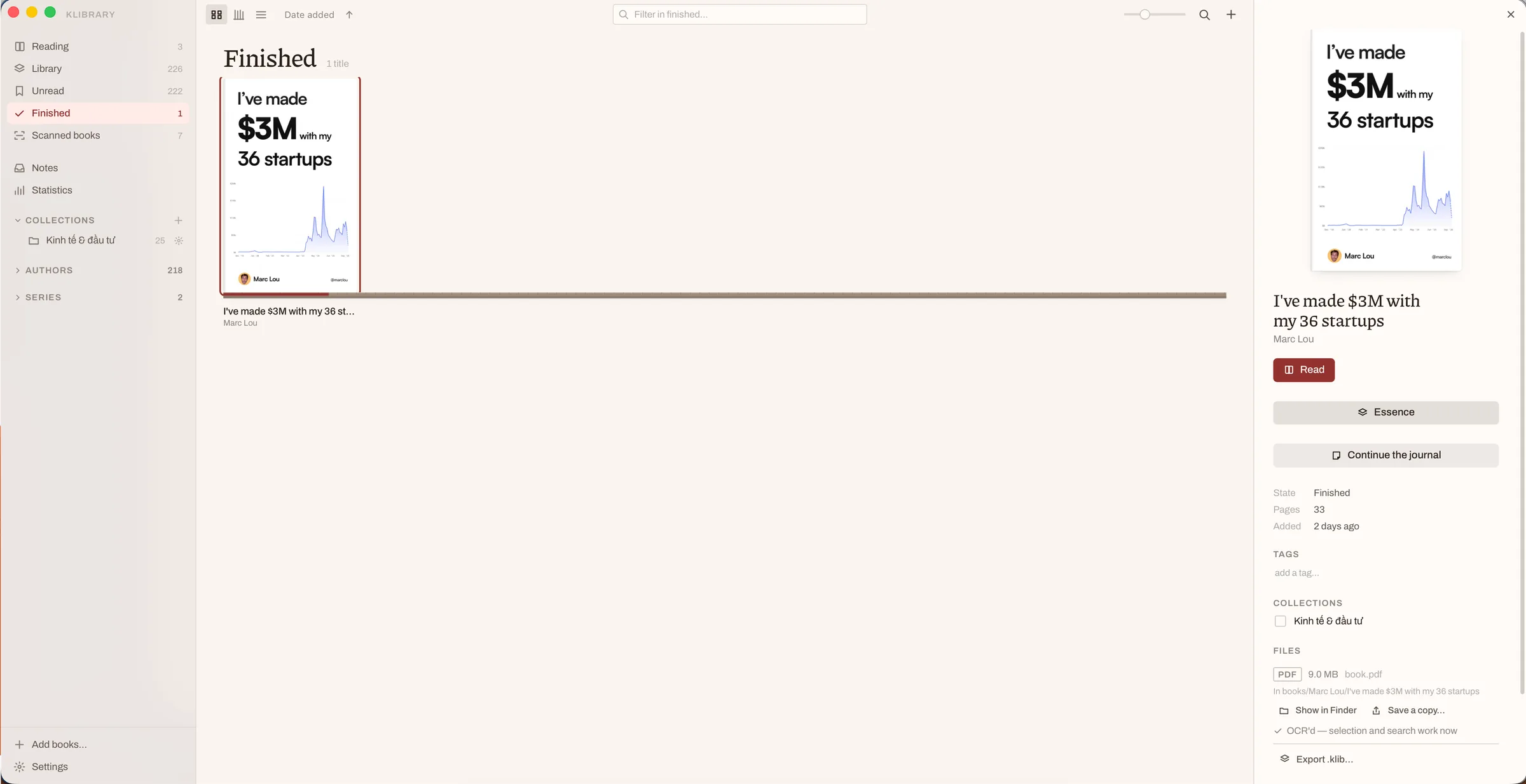 A book detail panel in klibrary showing a PDF that has been OCR-processed.