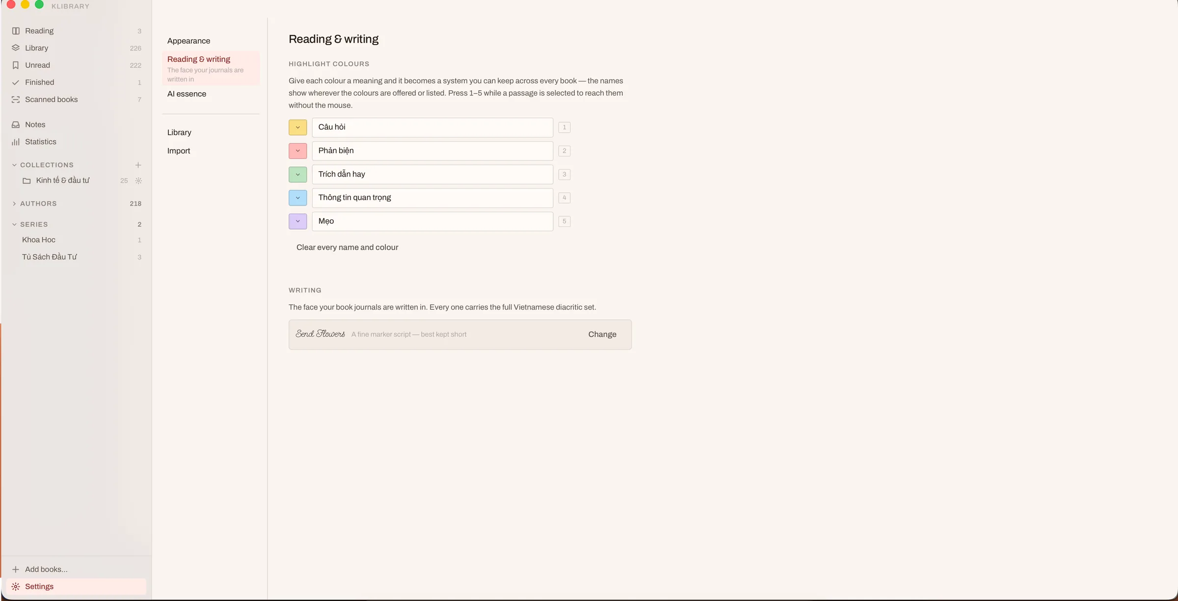 The klibrary settings panel where each of the five highlight colours is given a name, with keyboard shortcuts one through five shown alongside.