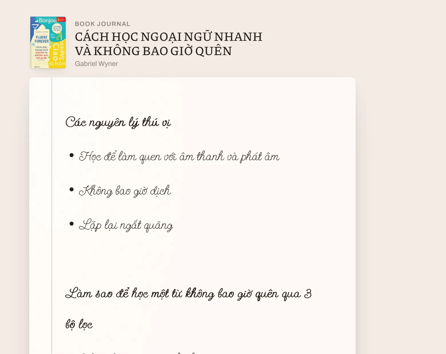 A book journal page in klibrary, written in a script face, with headings and bullet points summarising what the reader took from the book.