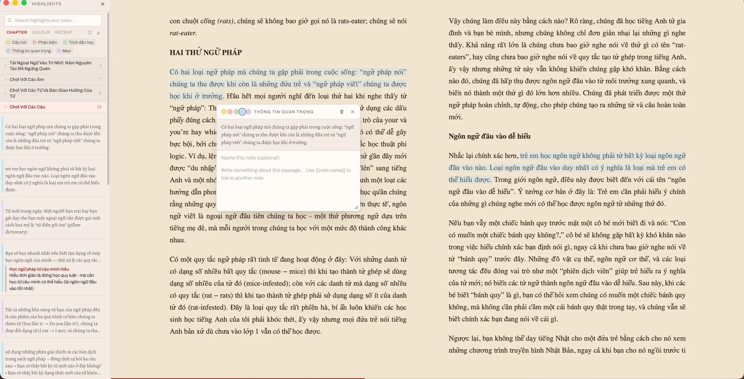 Reading a book in klibrary with the highlights sidebar open, a passage highlighted in blue and a note being written underneath it.